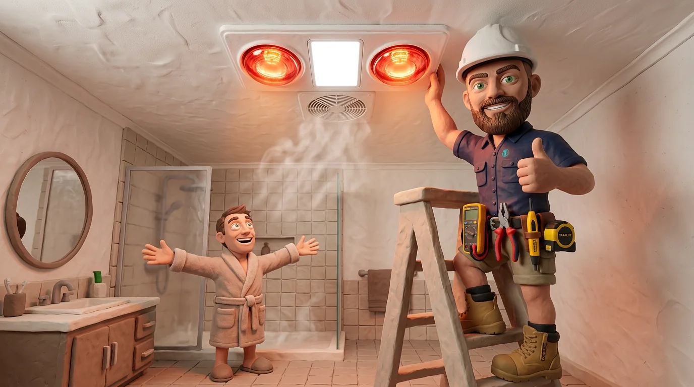 Claymation-style Response Electricians electrician installing a 3-in-1 bathroom heat lamp in a Perth home while the homeowner looks on