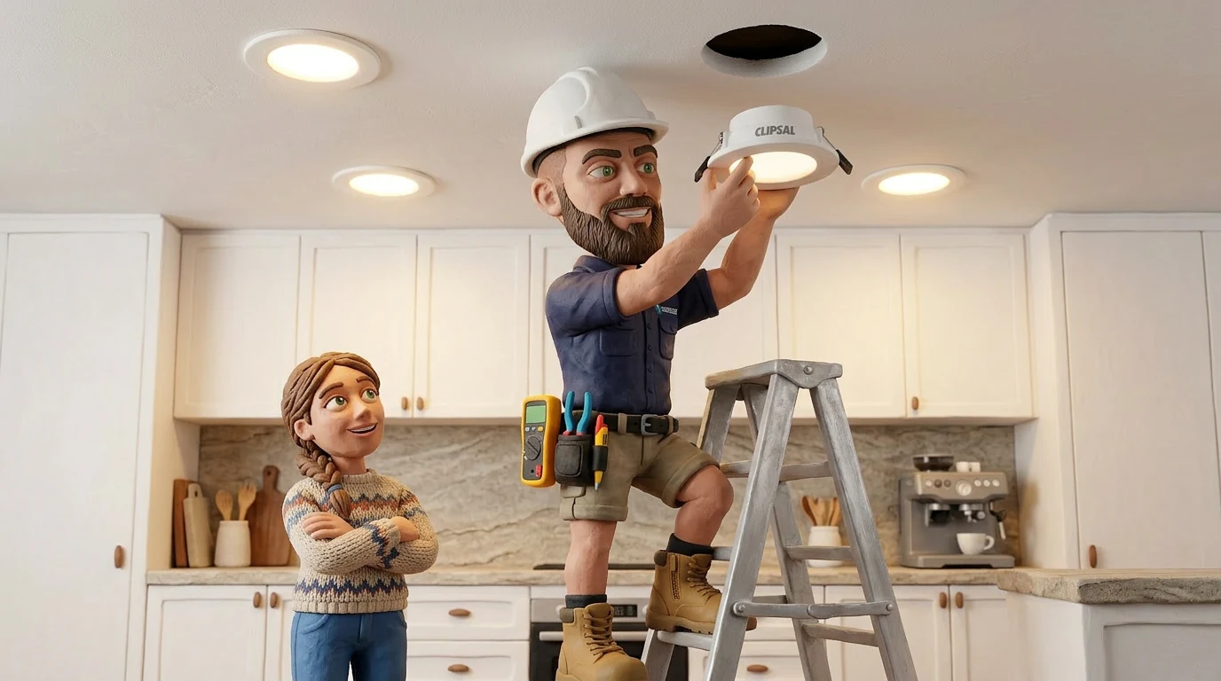 Claymation electrician installing LED downlights in a Perth kitchen