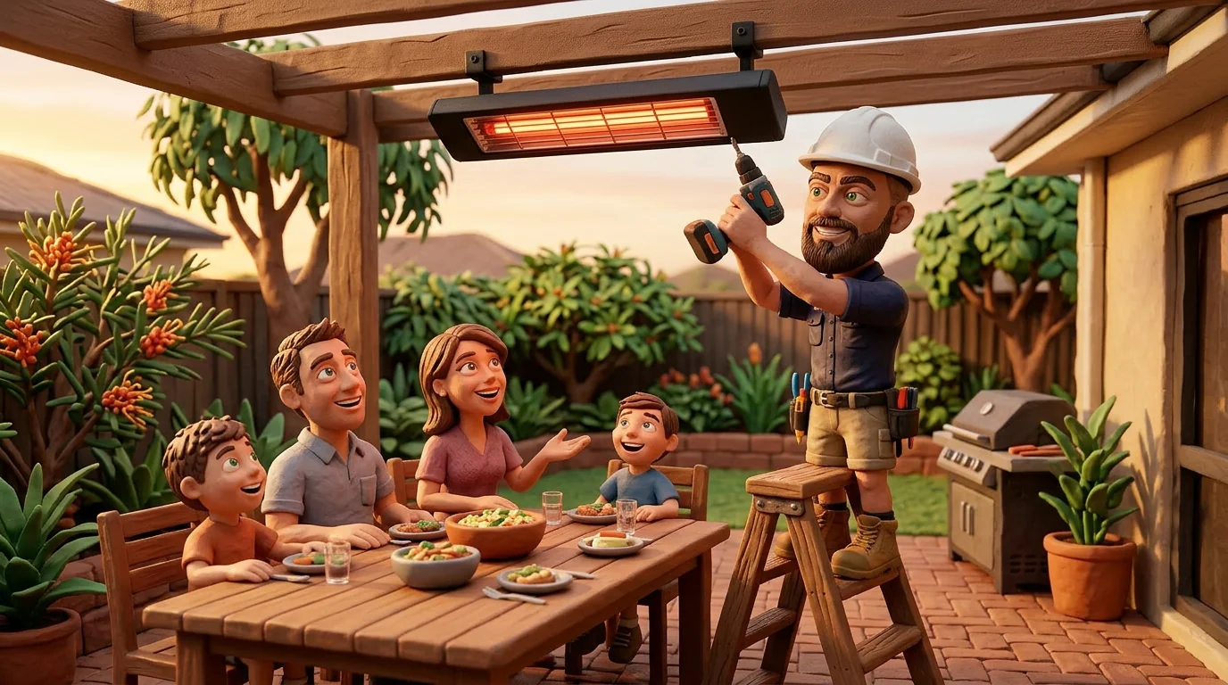 Claymation Response Electricians electrician installing outdoor infrared heat strips on a Perth patio while homeowner looks on