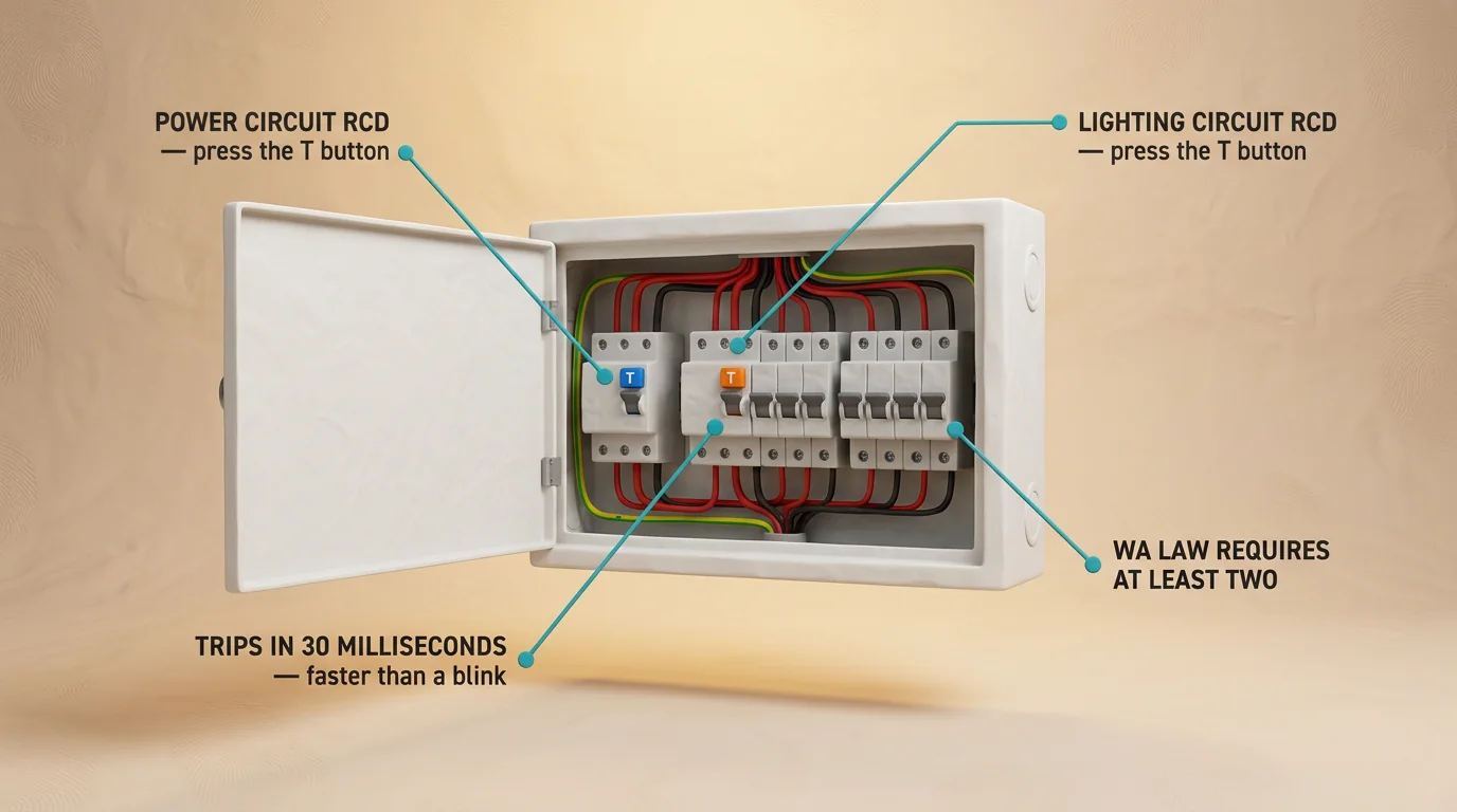 Claymation diagram of a Clipsal Resi MAX switchboard with annotated callouts pointing to the power circuit RCD, lighting circuit RCD, the 30-millisecond trip time, and the WA legal minimum of two RCDs per home