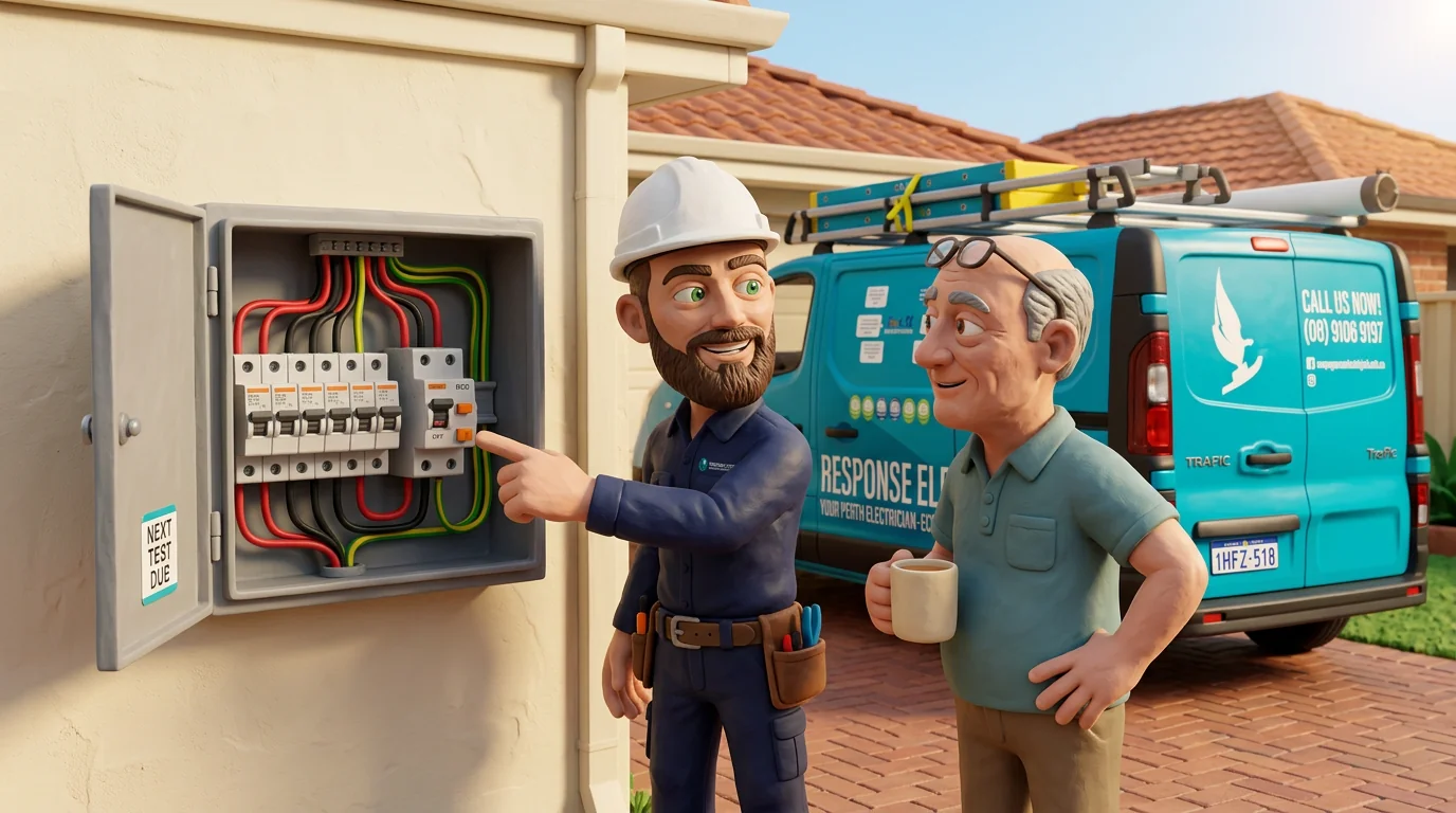 Claymation-style Response Electricians electrician at a Perth home's open meter box, showing the homeowner the T test buttons on a row of safety switches