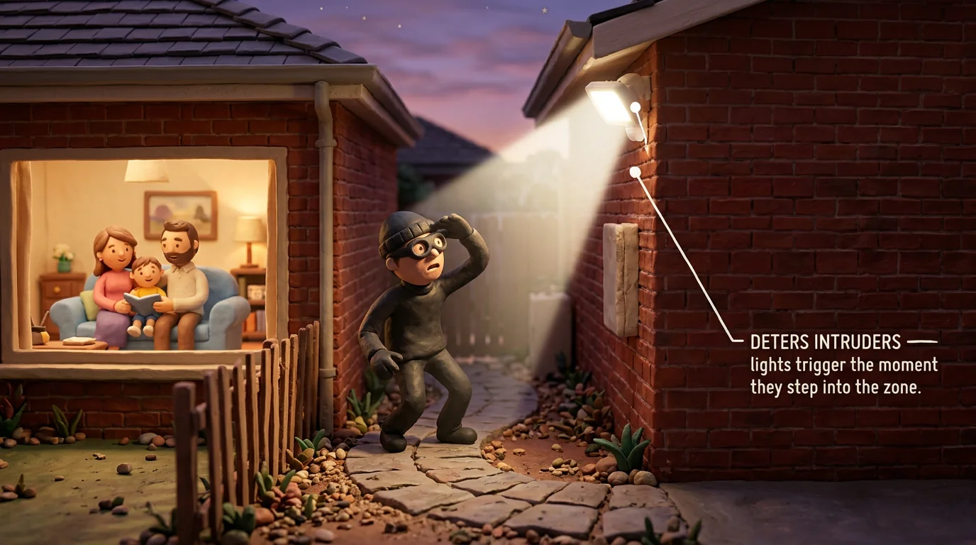 Claymation scene at dusk showing a security light triggering as a comedic burglar character steps into the side passage of a Perth home, while a family is visible safely inside the warmly lit lounge room window