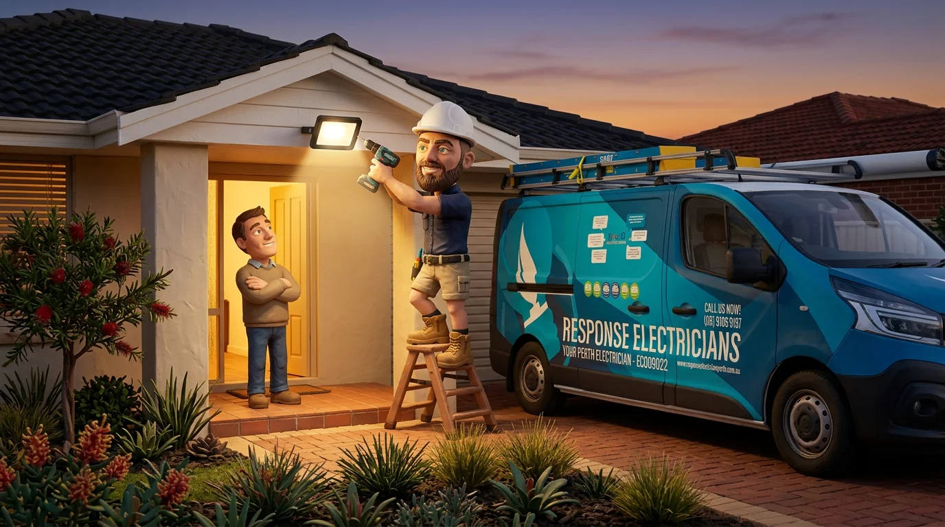 Claymation-style Response Electricians electrician installing a motion-sensor security light on the eaves of a Perth home at dusk while the homeowner watches