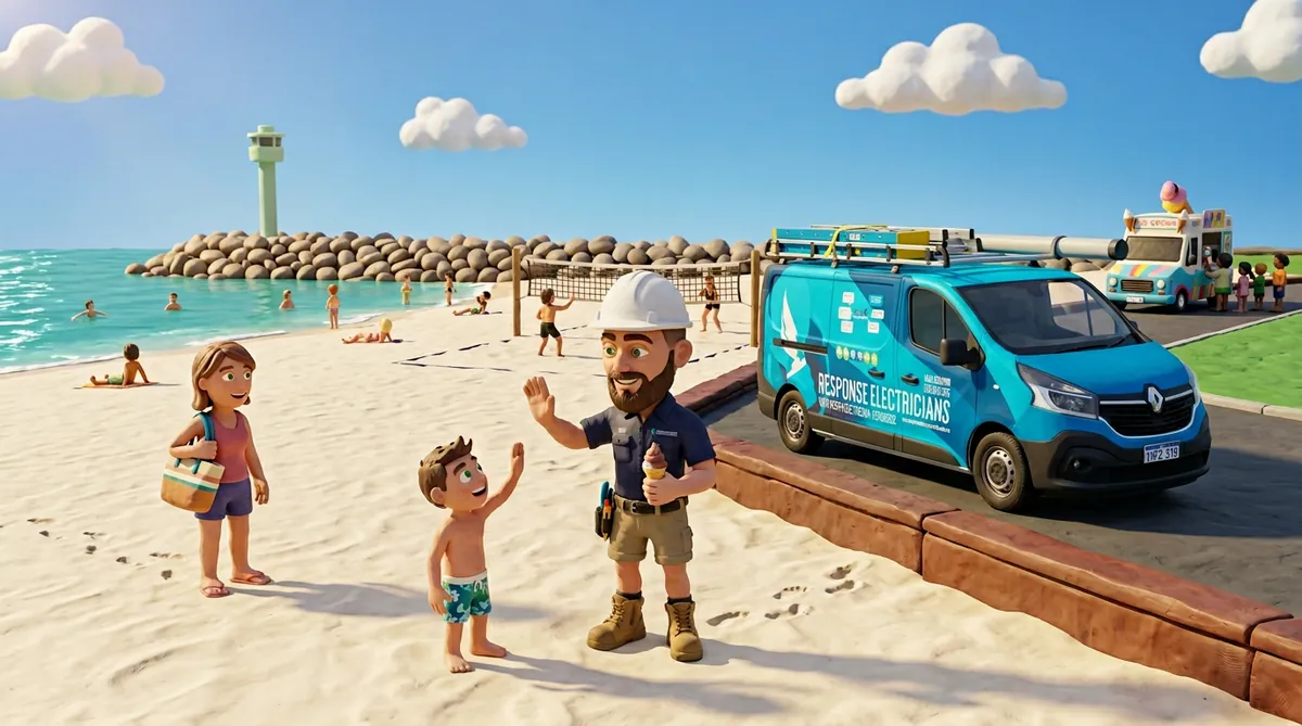 Claymation-style Response Electricians tradesperson at City Beach, Western Australia